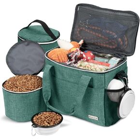 BAGLHER Dog Travel Bag Backpack Pet Supplies Backpack Pet Accessories Storage Bag 5-Piece Set with Shoulder Strap 2 Lined Pet Food Containers 4 Foldable Feeding Bowls Essential Kit for Pet Travel