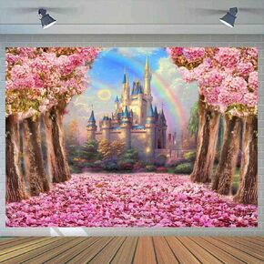 Castle Backdrop 7x5ft Spring Pink Sakura Flowers Washable Polyester Photography Background Wedding Birthday Party Princess Photo Studio Props YL058 in Saudi Arabia