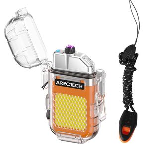 ARECTECH Rechargeable Lighter Electric Arc Dual Lighter 3 Modes of Flashlight Windproof Plasma Lighters Waterproof with Survival Emergency Whistle and Lanyard for Outdoor Candle Camping (Orange) in Kuwait