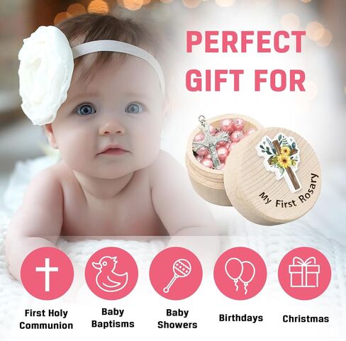 الفتيات المقدسة أول هدية الوردية بالتواصل، بلدي أول مسبحة وصندوق تذكار للأطفال، هدية الوردية الكاثوليكية لفتاة، الهدايا المسيحية هدايا المعمودية الكاثوليكية للطفل عيد ميلاد استحمام الطفل in Kuwait