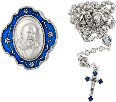 Rosary with Metal Padre Pio Case | Silver-Tone Floral Hail Mary Beads with Blue Padre Pio Our Father Beads | Great Catholic Gift | Patron Saint of Civil Defense Workers and Adolescents in Saudi Arabia
