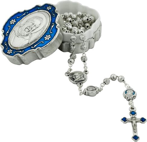 Rosary with Metal Padre Pio Case | Silver-Tone Floral Hail Mary Beads with Blue Padre Pio Our Father Beads | Great Catholic Gift | Patron Saint of Civil Defense Workers and Adolescents in Saudi Arabia