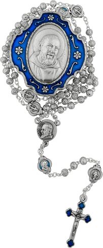 Rosary with Metal Padre Pio Case | Silver-Tone Floral Hail Mary Beads with Blue Padre Pio Our Father Beads | Great Catholic Gift | Patron Saint of Civil Defense Workers and Adolescents in Saudi Arabia