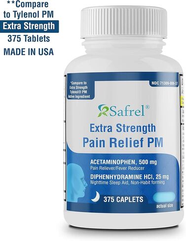 Safrel Extra Strength Pain Reliever PM and Sleep Aid (375 Tablets) | Acetaminophen 500 mg & Diphenhydramine HCl 25 mg | Fast Acting Relief for Headaches, Minor Aches | Non-Habit Forming | Value Pack in Saudi Arabia