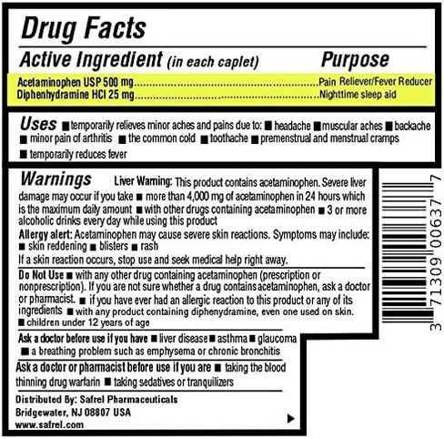 Safrel Extra Strength Pain Reliever PM and Sleep Aid (375 Tablets) | Acetaminophen 500 mg & Diphenhydramine HCl 25 mg | Fast Acting Relief for Headaches, Minor Aches | Non-Habit Forming | Value Pack in Saudi Arabia