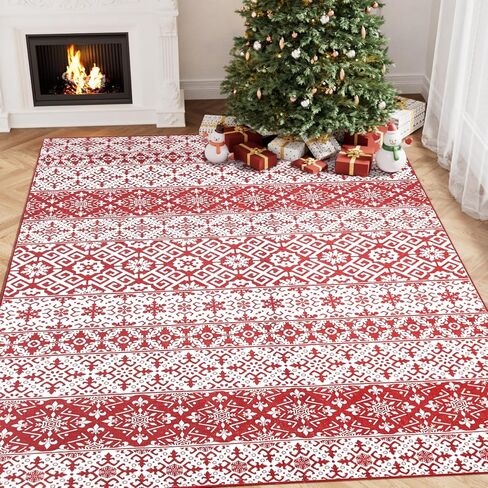 Christmas Area Rug 2x3 Red Snowflake Plaid Decorative Doormat Entryway Kitchen Washable Non Slip Soft Low Pile Small Carpet for Living Room Bedroom Entrance Dining Room Bathroom in Kuwait