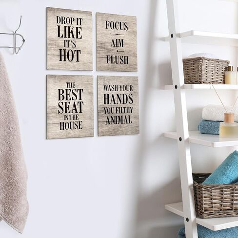 EXCELLO GLOBAL PRODUCTS Wooden Bathroom Humor Signs : Decor for Home, Restaurant, or Business - 8x10 Inches - Ready to Hang - White - (Pack of 4, Assortment 1) in Saudi Arabia