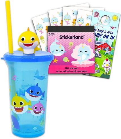 مجموعة اكواب بيبي شارك سعة 15 اونصة للاطفال والاولاد ~ مجموعة كوب بيبي شارك قابل لاعادة الملء مع ماصة وملصقات اضافية | للوازم المدرسية والرياضة والمزيد in Kuwait