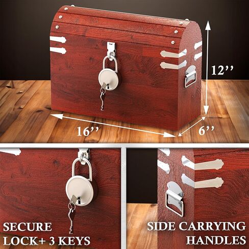 صندوق كنز القراصنة المصنوع يدويًا من Vizayo مع قفل ومفاتيح - صندوق تخزين خشبي عتيق مقاس 16 × 12 بوصة مع غطاء مفصلي - صندوق تخزين عتيق مزخرف مصنوع من خشب المانجو الصلب والقوي (أسود) in Kuwait