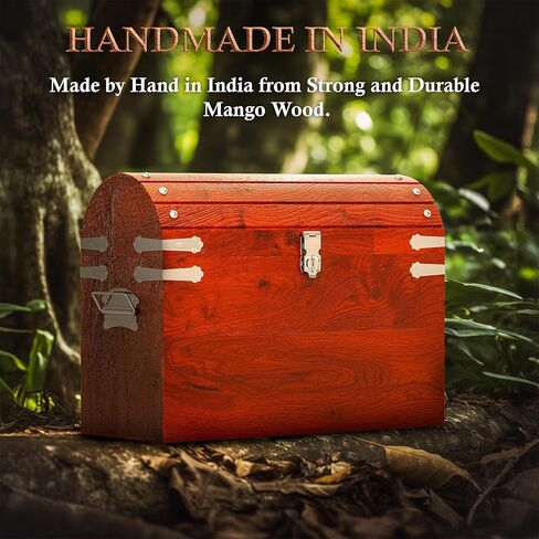 صندوق كنز القراصنة المصنوع يدويًا من Vizayo مع قفل ومفاتيح - صندوق تخزين خشبي عتيق مقاس 16 × 12 بوصة مع غطاء مفصلي - صندوق تخزين عتيق مزخرف مصنوع من خشب المانجو الصلب والقوي (أسود) in Kuwait