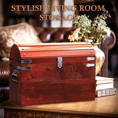 صندوق كنز القراصنة المصنوع يدويًا من Vizayo مع قفل ومفاتيح - صندوق تخزين خشبي عتيق مقاس 16 × 12 بوصة مع غطاء مفصلي - صندوق تخزين عتيق مزخرف مصنوع من خشب المانجو الصلب والقوي (أسود) in Kuwait