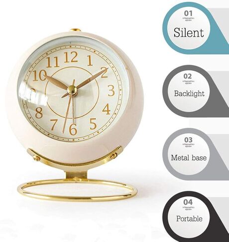 thjsvy Small Table Clocks Vintage Decorative Desk Clocks Non-Ticking Tabletop Alarm Clock for Bedroom/Living Room/Kitchen/Office/Classroom (White) in Saudi Arabia