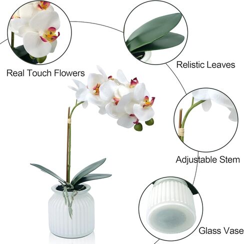 Hisow زهور الأوركيد الاصطناعية مع وعاء، 14.6 بوصة زهور الأوركيد الحريرية نباتات الأوركيد الصناعية ترتيبات الزهور الحريرية لديكور المنزل ومكتب الزفاف والفنادق والحفلات (أبيض) in Kuwait