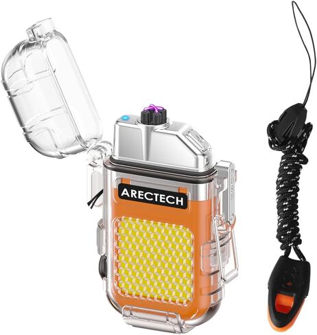 ARECTECH Rechargeable Lighter Electric Arc Dual Lighter 3 Modes of Flashlight Windproof Plasma Lighters Waterproof with Survival Emergency Whistle and Lanyard for Outdoor Candle Camping (Orange) in Kuwait