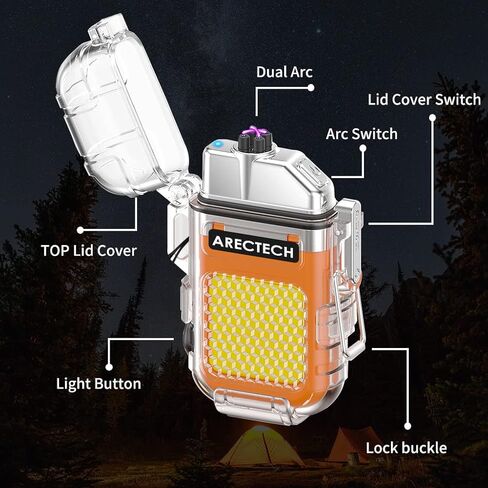 ARECTECH Rechargeable Lighter Electric Arc Dual Lighter 3 Modes of Flashlight Windproof Plasma Lighters Waterproof with Survival Emergency Whistle and Lanyard for Outdoor Candle Camping (Orange) in Kuwait