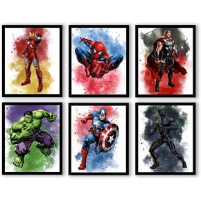 ملصقات الابطال الخارقين بالوان مائية من اورتيكس ارت، ديكور غرفة الابطال الخارقين للاولاد، مجموعة من 6 ملصقات بدون اطار (8 انش × 10 انش) لغرفة الاولاد وغرفة الاطفال وديكور حائط in Kuwait