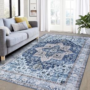 Area Rug Vintage Distressed Entryway Rug Traditional Medallion Accent Rug Indoor Stain Resistant Non-Slip Door Mat Carpet for Kitchen Living Room Bedroom Dining Room, 2' x 3', Blue