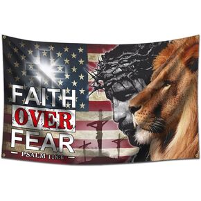 علم kruboy Faith Over Fear مقاس 36 × 60 بوصة، نسيج يسوع عيد الفصح، المسيح يهوذا، صليب الأسد، العلم الأمريكي in Kuwait