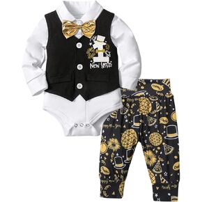 Tomolant بيبي بوي سنوات جديدة الزي 2024 3 قطعة الوليد الصبي رومبير + سنوات جديدة بانت + ربطة القوس فيونكة أول سنوات جديدة بيبي بوي الزي in Kuwait