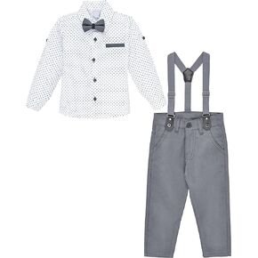 Lilax Boys Wedding Outfit, Toddler & Young Boys' Fashion Set, Dress Shirt, Bowtie and Suspenders, Pant Set 4 Pcs