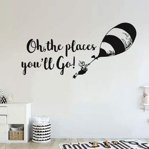 ملصق جداري لغرفة الأطفال من BATTOO Oh The Places Youll Go - اقتباسات جدارية من الفينيل بالبالون لتزيين غرفة الأطفال (أسود، 30 بوصة عرض × 15 بوصة ارتفاع) in Kuwait