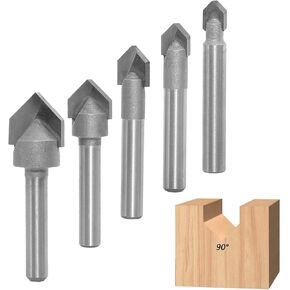 مجموعة لقم راوتر 90 درجة على شكل حرف V من اكيلين، ساق 1/4 انش، اطراف كربيد على شكل حرف V لنحت الخشب والنقش وصنع اللافتات - قطر القطع 1/4 انش، 5/16 انش، 3/8 انش، 1/2 انش، 5/8 انش in Kuwait