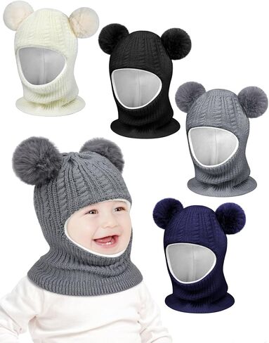 Cooraby 4 Pack Baby Toddler Winter Hat Toddler Hat Scarf Knitted Beanie with Neck Pompom Fleece Lined Earflap for Girl Boy in Saudi Arabia