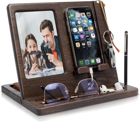 TESLYAR Gifts for Men Wood Phone Docking Station Gifts for Dad Photo Frame 4 х 6 inch Picture Frame Organizer Men Gift Gifts for Him in Kuwait