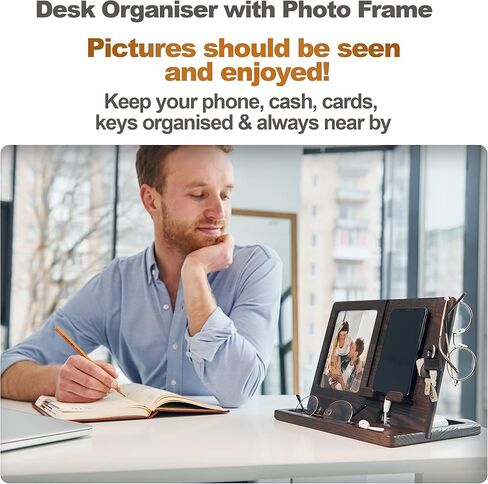 TESLYAR Gifts for Men Wood Phone Docking Station Gifts for Dad Photo Frame 4 х 6 inch Picture Frame Organizer Men Gift Gifts for Him in Kuwait