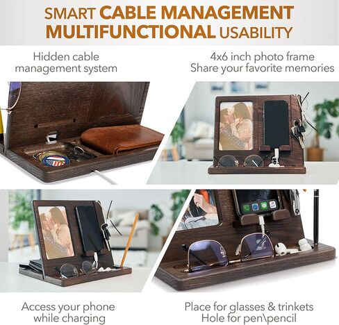 TESLYAR Gifts for Men Wood Phone Docking Station Gifts for Dad Photo Frame 4 х 6 inch Picture Frame Organizer Men Gift Gifts for Him in Kuwait