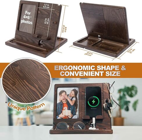 TESLYAR Gifts for Men Wood Phone Docking Station Gifts for Dad Photo Frame 4 х 6 inch Picture Frame Organizer Men Gift Gifts for Him in Kuwait