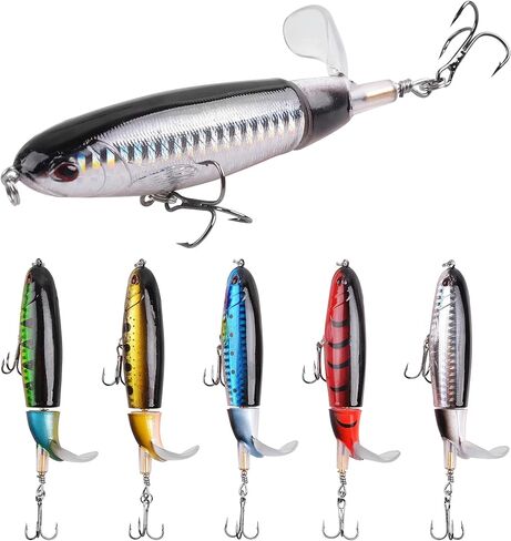 Topwater Bass Fishing Lure, 5PCS Plopper Fishing Bait Lures, Plopping Minnow with Floating Rotating Tail, Topwater Crankbait Whopper Lures Kit for Freshwater Saltwater Bass Trout Pike Perch in Kuwait