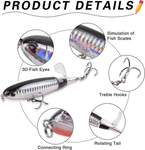 Topwater Bass Fishing Lure, 5PCS Plopper Fishing Bait Lures, Plopping Minnow with Floating Rotating Tail, Topwater Crankbait Whopper Lures Kit for Freshwater Saltwater Bass Trout Pike Perch in Kuwait