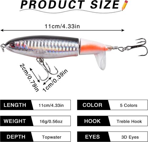 Topwater Bass Fishing Lure, 5PCS Plopper Fishing Bait Lures, Plopping Minnow with Floating Rotating Tail, Topwater Crankbait Whopper Lures Kit for Freshwater Saltwater Bass Trout Pike Perch in Kuwait