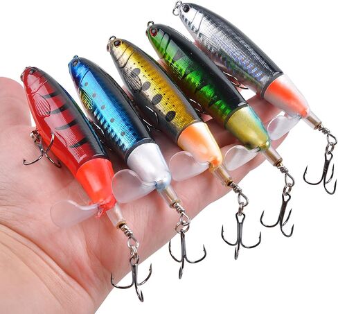 Topwater Bass Fishing Lure, 5PCS Plopper Fishing Bait Lures, Plopping Minnow with Floating Rotating Tail, Topwater Crankbait Whopper Lures Kit for Freshwater Saltwater Bass Trout Pike Perch in Kuwait