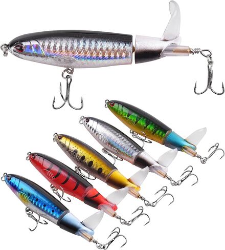 Topwater Bass Fishing Lure, 5PCS Plopper Fishing Bait Lures, Plopping Minnow with Floating Rotating Tail, Topwater Crankbait Whopper Lures Kit for Freshwater Saltwater Bass Trout Pike Perch in Kuwait