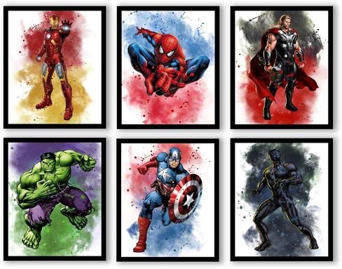 ملصقات الابطال الخارقين بالوان مائية من اورتيكس ارت، ديكور غرفة الابطال الخارقين للاولاد، مجموعة من 6 ملصقات بدون اطار (8 انش × 10 انش) لغرفة الاولاد وغرفة الاطفال وديكور حائط in Kuwait