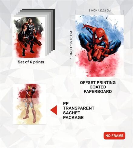 ملصقات الابطال الخارقين بالوان مائية من اورتيكس ارت، ديكور غرفة الابطال الخارقين للاولاد، مجموعة من 6 ملصقات بدون اطار (8 انش × 10 انش) لغرفة الاولاد وغرفة الاطفال وديكور حائط in Kuwait