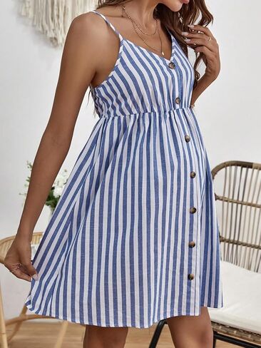 OYOANGLE Women's Maternity Striped Print Button Down Sleeveless Backless Cami Dress Loose Fit Short Dresses in Saudi Arabia