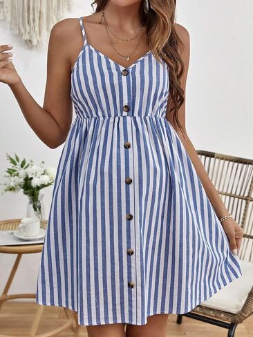OYOANGLE Women's Maternity Striped Print Button Down Sleeveless Backless Cami Dress Loose Fit Short Dresses in Saudi Arabia