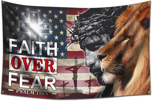 علم kruboy Faith Over Fear مقاس 36 × 60 بوصة، نسيج يسوع عيد الفصح، المسيح يهوذا، صليب الأسد، العلم الأمريكي in Kuwait