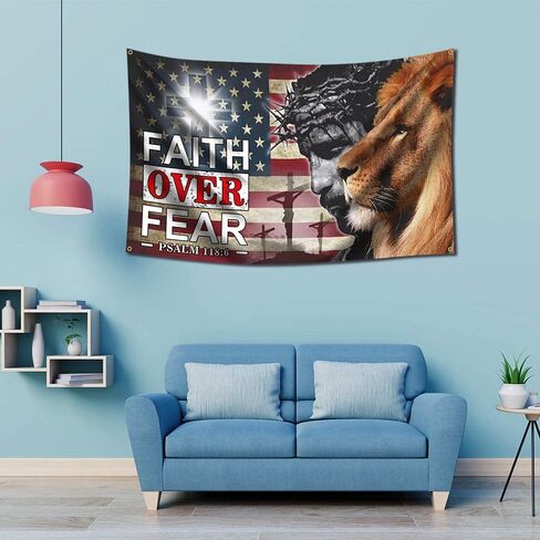 علم kruboy Faith Over Fear مقاس 36 × 60 بوصة، نسيج يسوع عيد الفصح، المسيح يهوذا، صليب الأسد، العلم الأمريكي in Kuwait