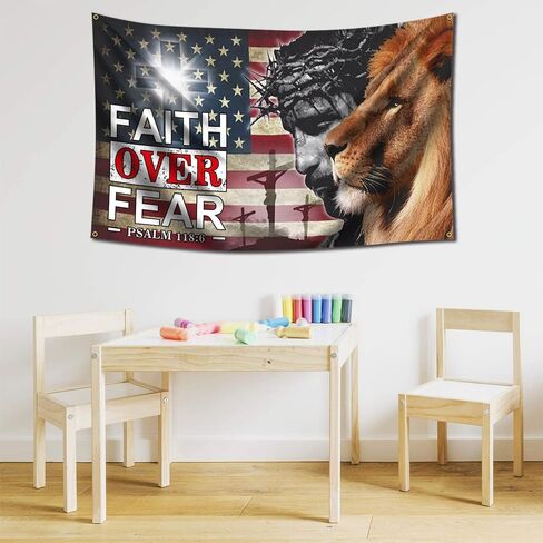 علم kruboy Faith Over Fear مقاس 36 × 60 بوصة، نسيج يسوع عيد الفصح، المسيح يهوذا، صليب الأسد، العلم الأمريكي in Kuwait
