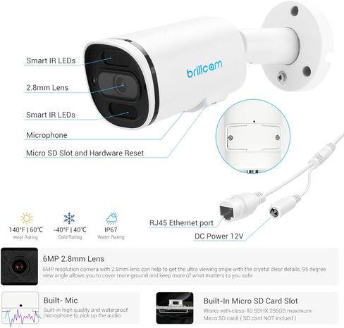 كاميرا Brillcam PoE، كاميرا IP بدقة 6 ميجابكسل، رؤية ليلية 100 قدم، كاميرا أمان خارجية، عدسة 2.8 مم، مقاومة للطقس IP67، فتحة ميكروفون/SD مدمجة، بطاقة SD سعة 128 جيجابايت (غير متضمنة)، اكتشاف الإنسان/الحركة in Kuwait