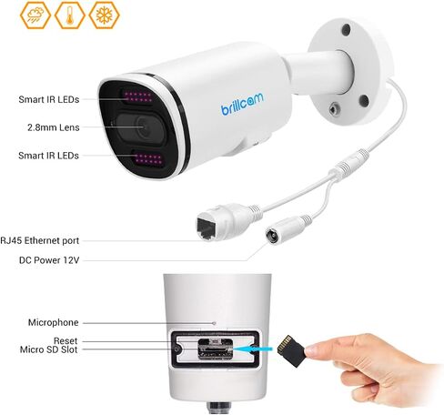 كاميرا Brillcam PoE، كاميرا IP بدقة 6 ميجابكسل، رؤية ليلية 100 قدم، كاميرا أمان خارجية، عدسة 2.8 مم، مقاومة للطقس IP67، فتحة ميكروفون/SD مدمجة، بطاقة SD سعة 128 جيجابايت (غير متضمنة)، اكتشاف الإنسان/الحركة in Kuwait