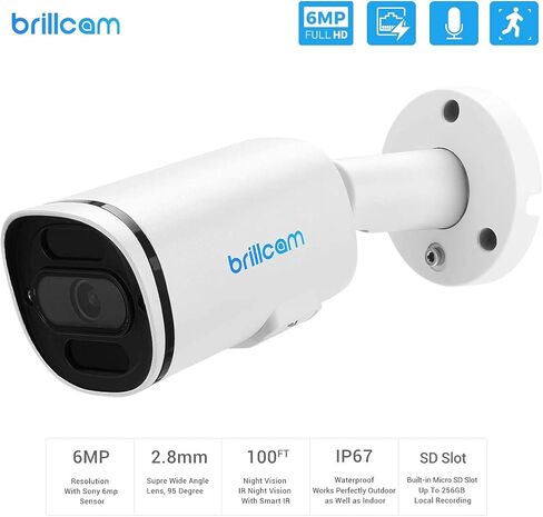 كاميرا Brillcam PoE، كاميرا IP بدقة 6 ميجابكسل، رؤية ليلية 100 قدم، كاميرا أمان خارجية، عدسة 2.8 مم، مقاومة للطقس IP67، فتحة ميكروفون/SD مدمجة، بطاقة SD سعة 128 جيجابايت (غير متضمنة)، اكتشاف الإنسان/الحركة in Kuwait