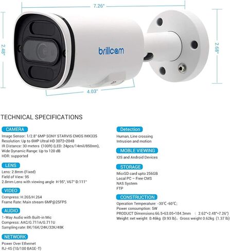 كاميرا Brillcam PoE، كاميرا IP بدقة 6 ميجابكسل، رؤية ليلية 100 قدم، كاميرا أمان خارجية، عدسة 2.8 مم، مقاومة للطقس IP67، فتحة ميكروفون/SD مدمجة، بطاقة SD سعة 128 جيجابايت (غير متضمنة)، اكتشاف الإنسان/الحركة in Kuwait