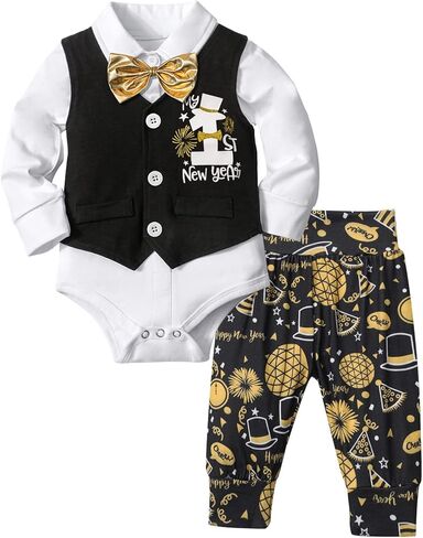 Tomolant بيبي بوي سنوات جديدة الزي 2024 3 قطعة الوليد الصبي رومبير + سنوات جديدة بانت + ربطة القوس فيونكة أول سنوات جديدة بيبي بوي الزي in Kuwait