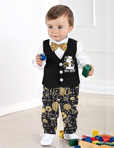 Tomolant بيبي بوي سنوات جديدة الزي 2024 3 قطعة الوليد الصبي رومبير + سنوات جديدة بانت + ربطة القوس فيونكة أول سنوات جديدة بيبي بوي الزي in Kuwait