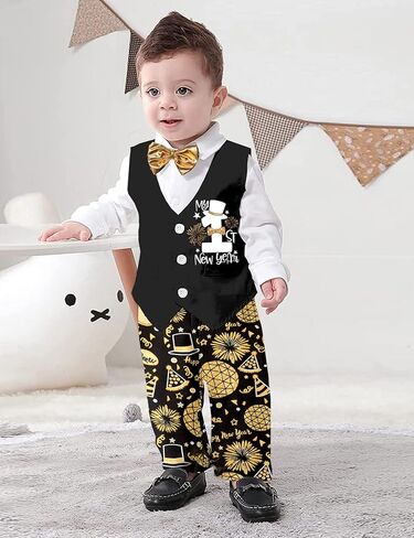 Tomolant بيبي بوي سنوات جديدة الزي 2024 3 قطعة الوليد الصبي رومبير + سنوات جديدة بانت + ربطة القوس فيونكة أول سنوات جديدة بيبي بوي الزي in Kuwait